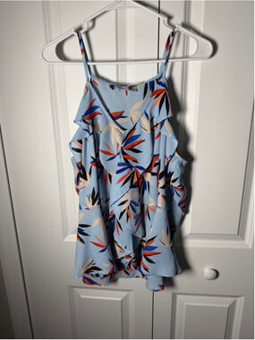 Jennifer Lopez Tank Top XL Blue Multi-color Floral Ruffle EUC